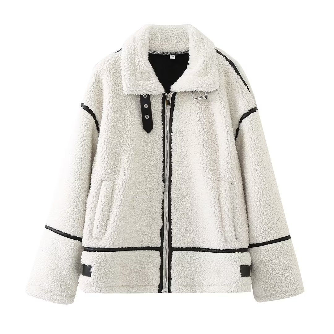 Women's oversized sherpa bomber jacket with zip front closure and contrast trim detailing