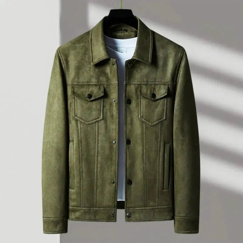 Men's vintage brown suede jacket tailored fit button-front closure soft velvet finish