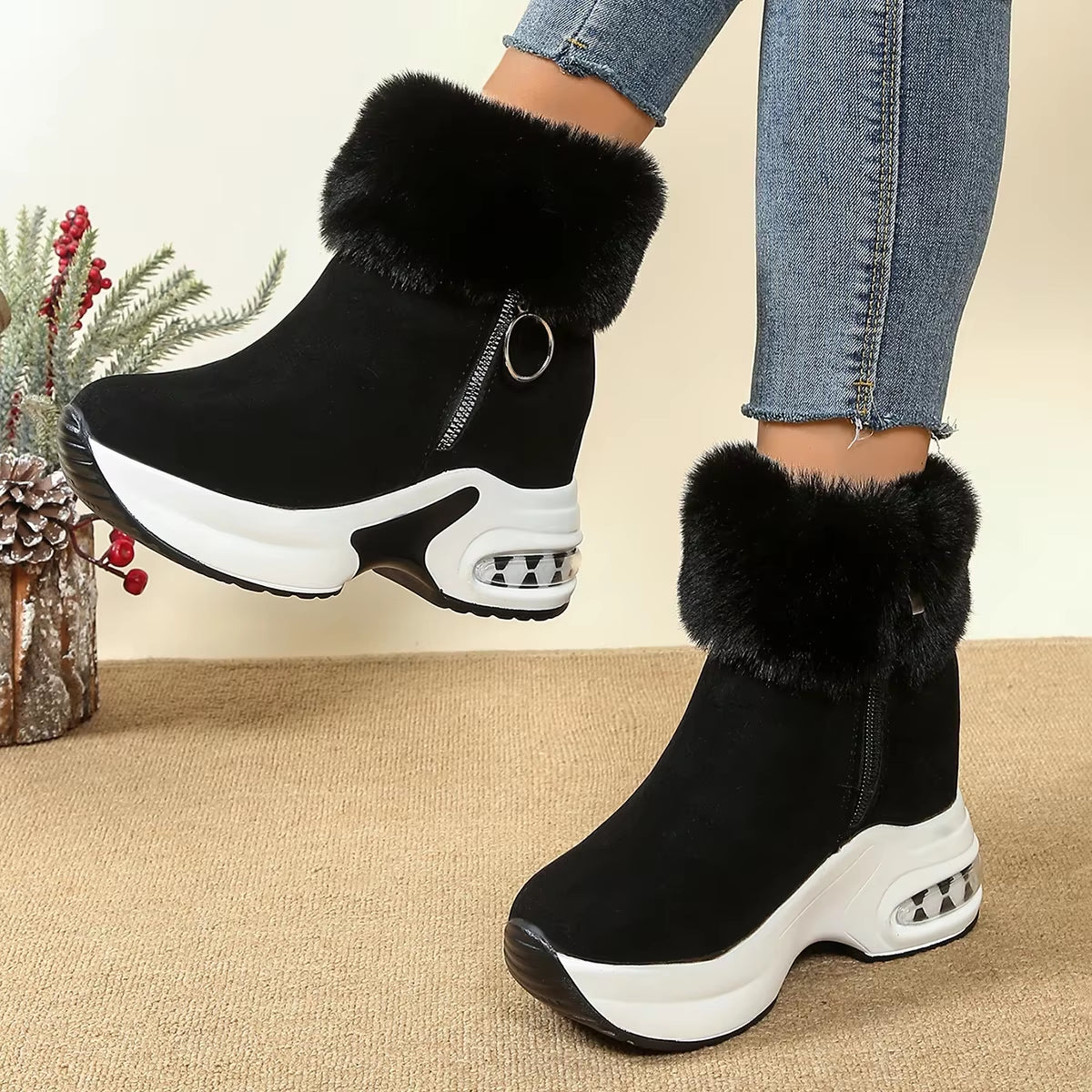 Chalet fleece platform boot faux suede upper plush fur collar bold heel zip pull