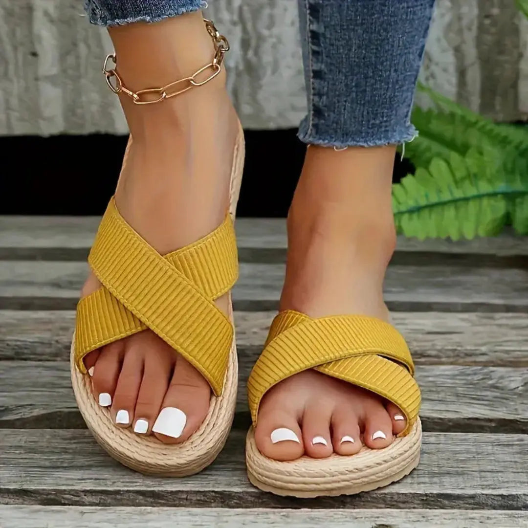 Bianca women's slip-on sandals beige braided sole criss-cross straps lightweight summer comfort