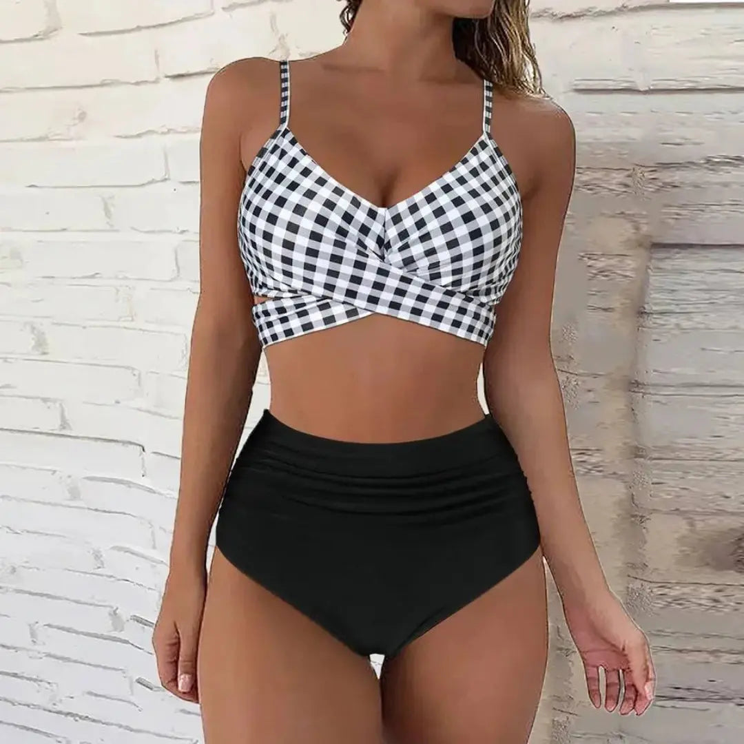 Bianca high-waisted crisscross wrap bikini set with tummy control and flattering beach-ready silhouette