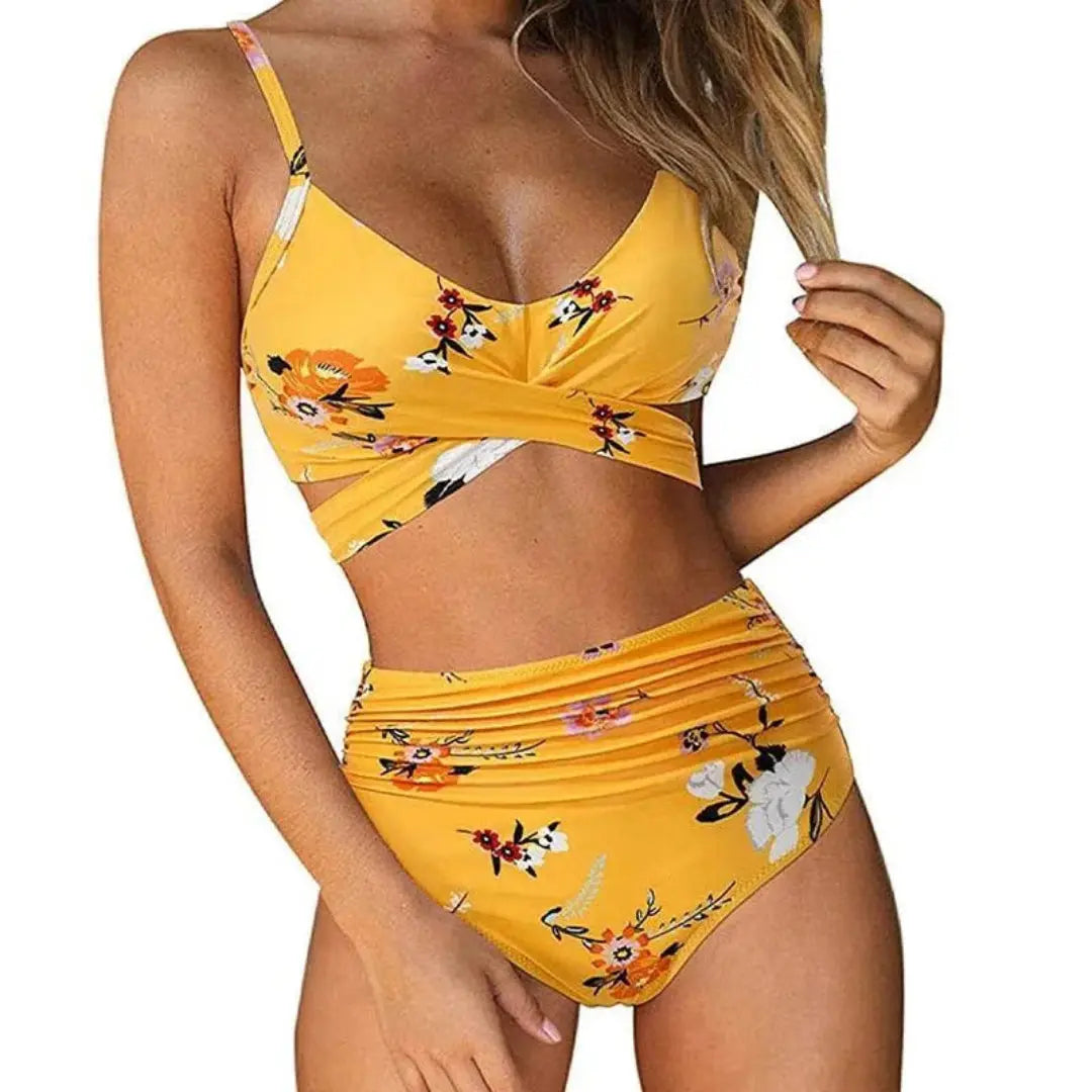 Bianca high-waisted crisscross wrap bikini set with contouring silhouette and full coverage bottoms