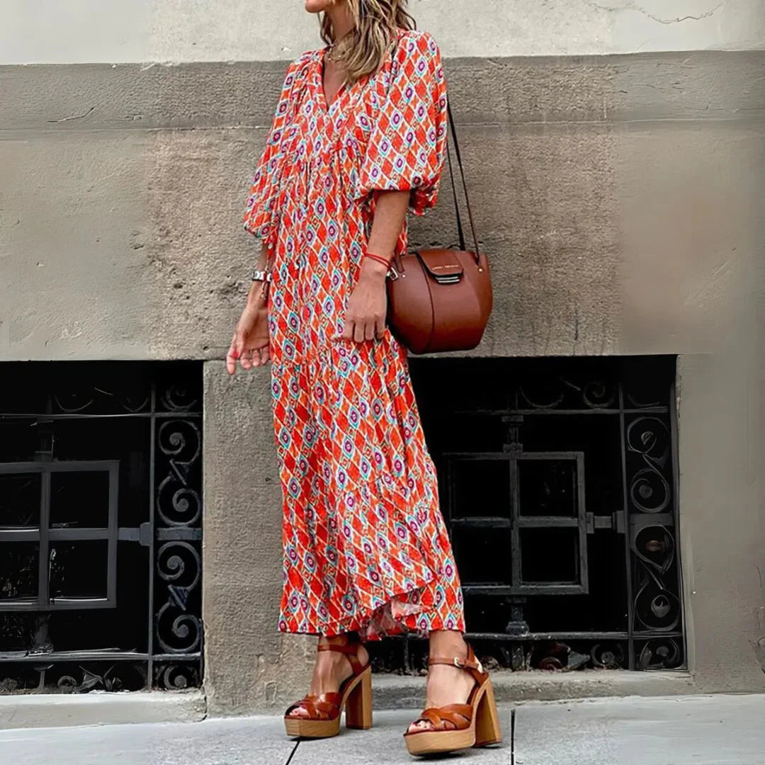 Boho diamond print maxi dress with breezy V-neck tiered silhouette, lightweight summer fabric