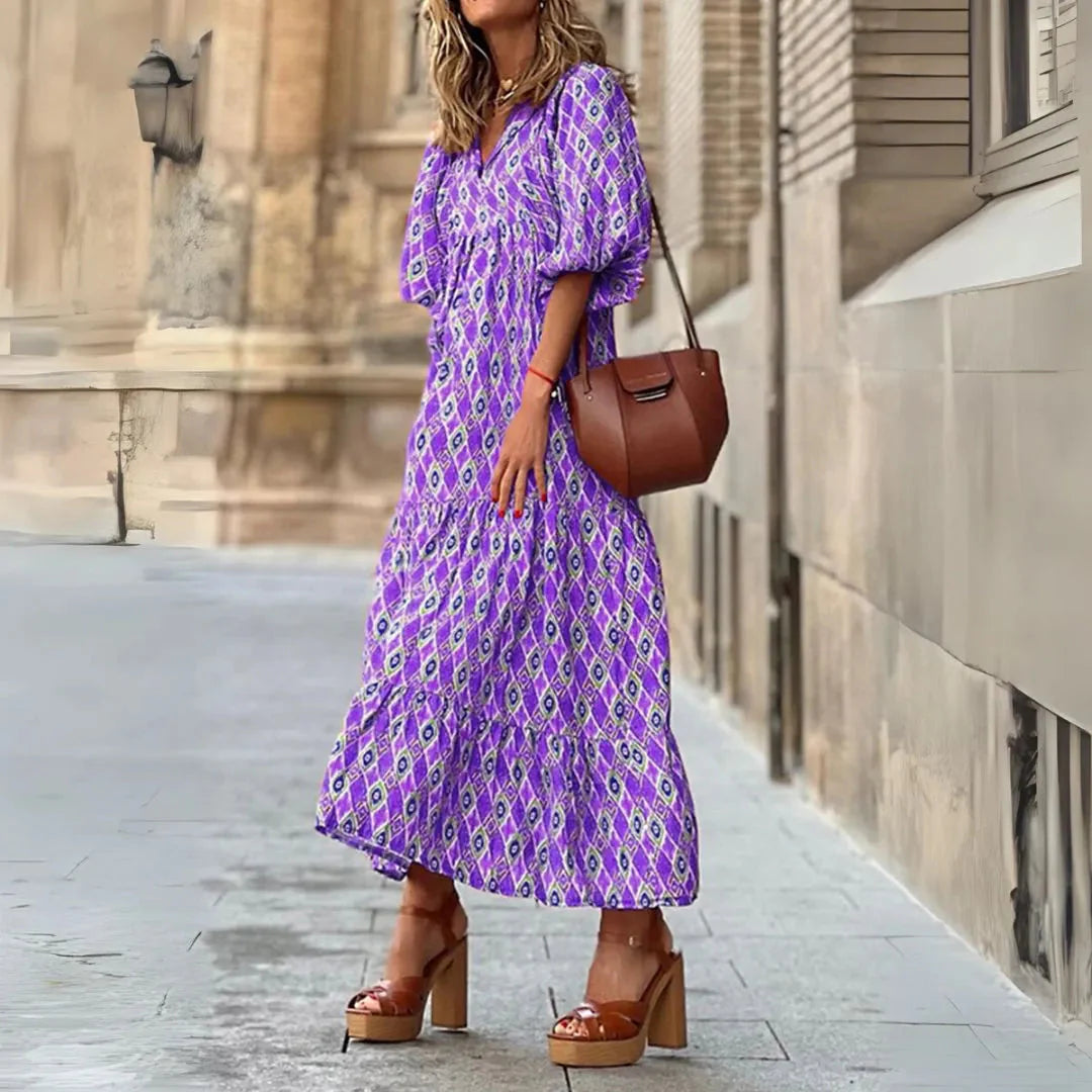 Boho diamond print maxi dress breezy V-neck tiered silhouette lightweight summer fabric