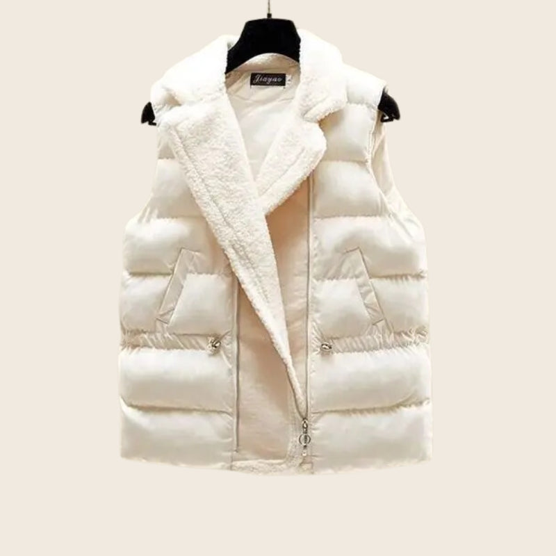 Women's cream ribbed turtleneck knit set three-piece with plush padded vest and wide-leg pants