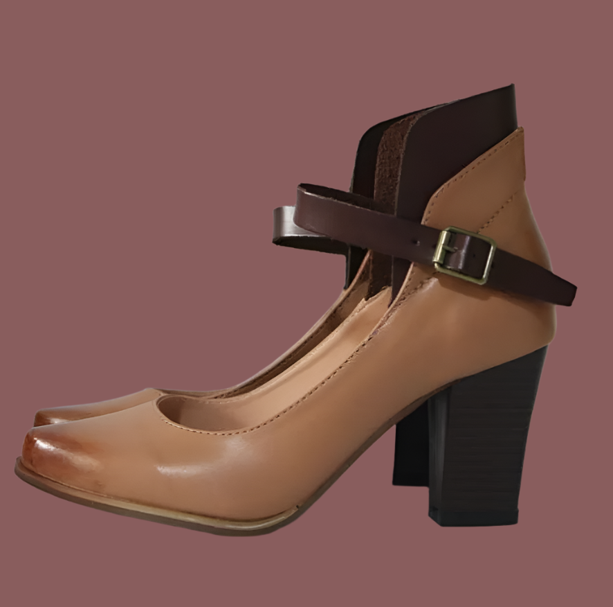Women's black PU leather block heel pumps with Mary Jane adjustable strap for secure elegant fit
