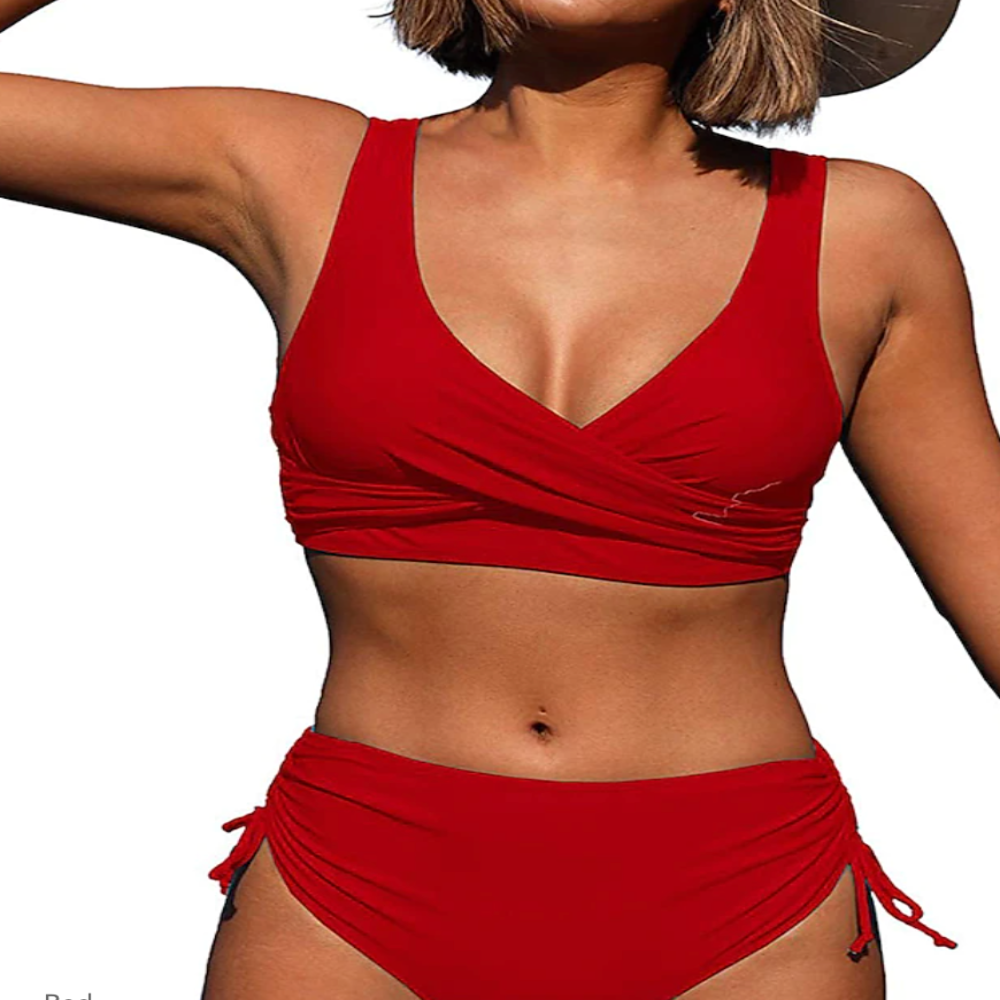 Women's bikini set wrap top high waist ruched sides adjustable breathable two-piece swimsuit