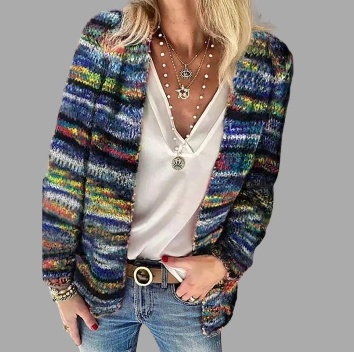 Women's colorful knitted jacket elegant vibrant hues soft breathable drape versatile layering piece