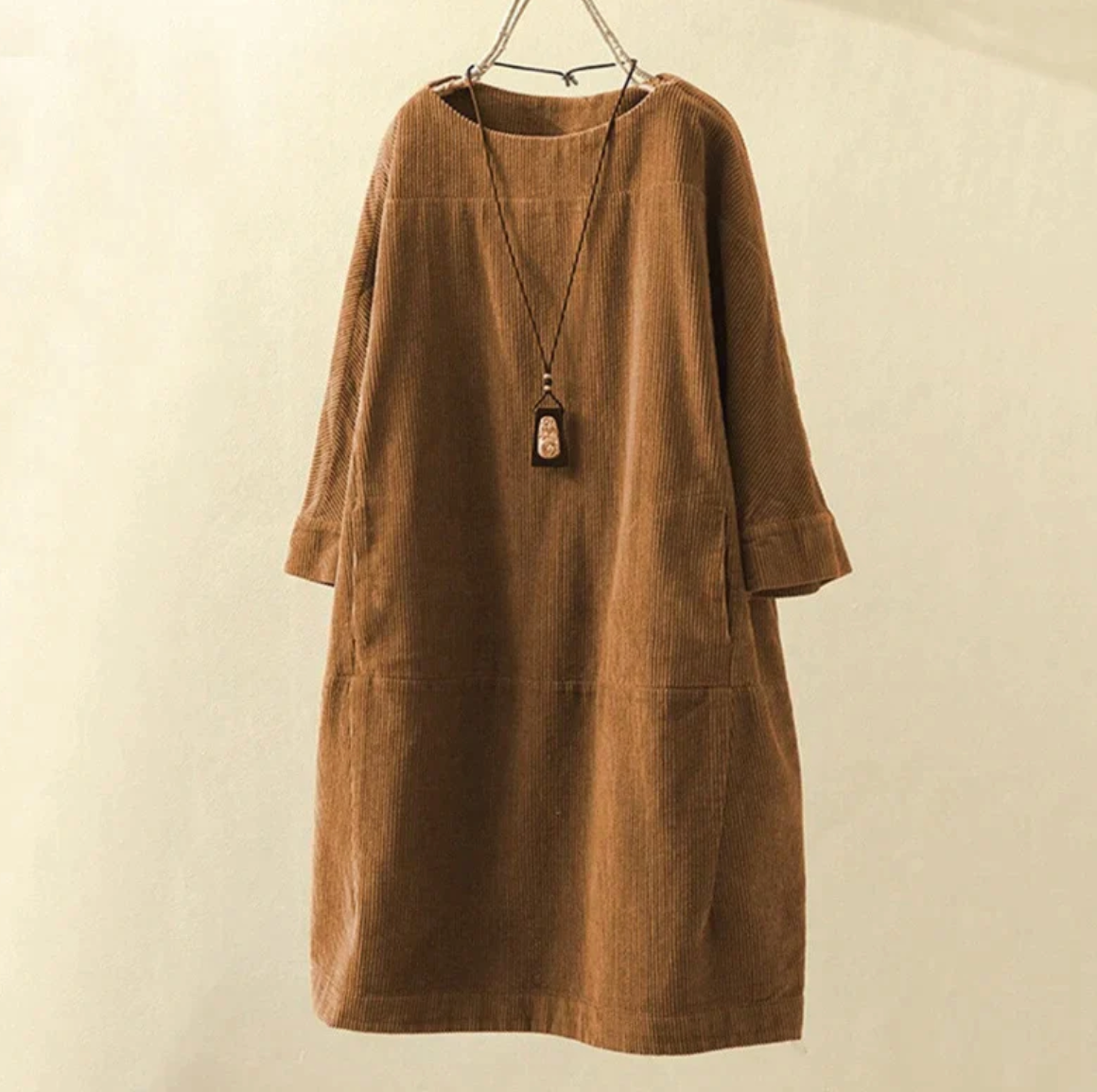 Women's Bertha brown corduroy midi dress with textured finish and relaxed everyday silhouette
