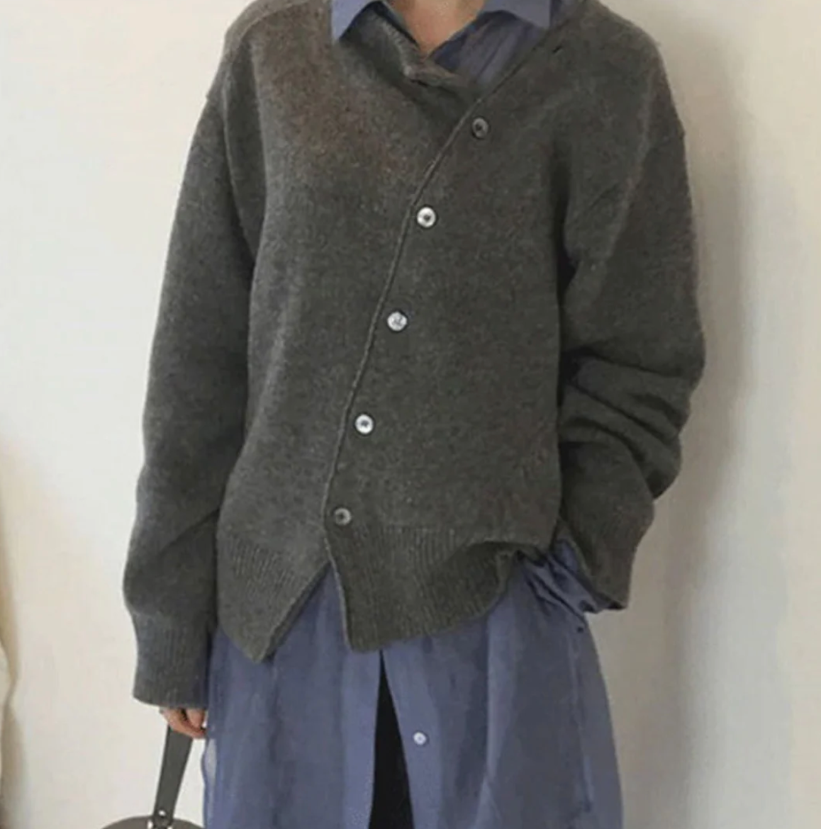 Women's soft cashmere cardigan with diagonal button closure, luxury knit everyday layering piece