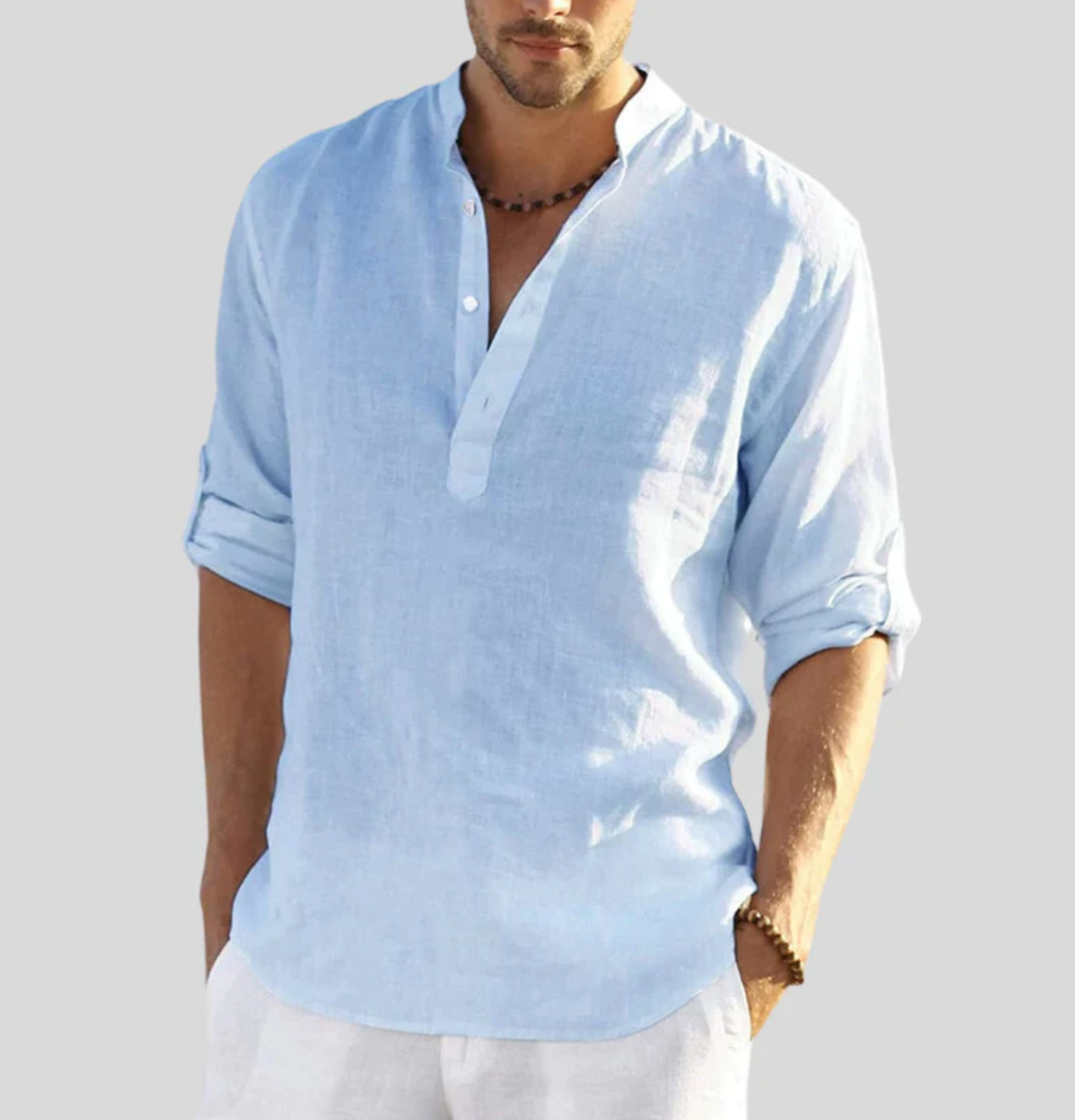 Men's natural linen relaxed-fit shirt with mandarin collar, breathable fabric, casual contemporary style