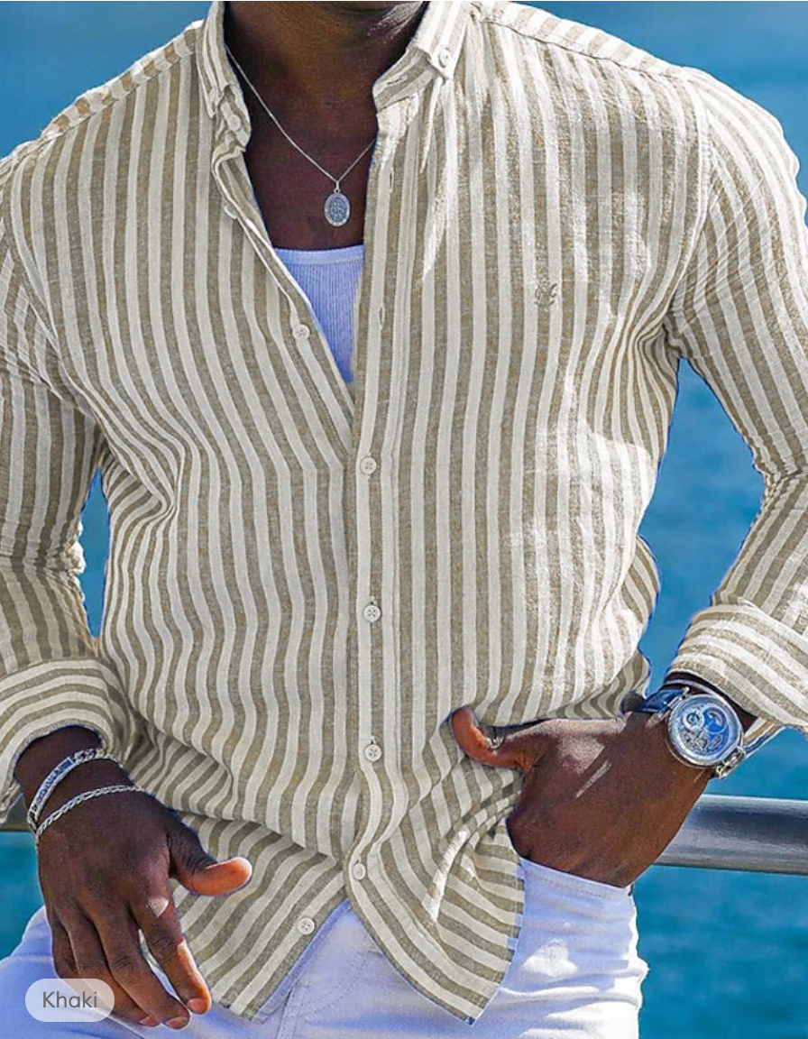 Men's slim fit striped linen cotton shirt long sleeve breathable summer essential white blue