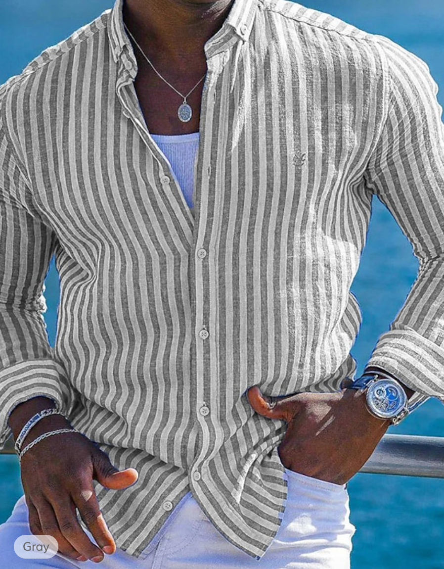 Men's slim fit striped linen cotton shirt long sleeve breathable summer essential white blue