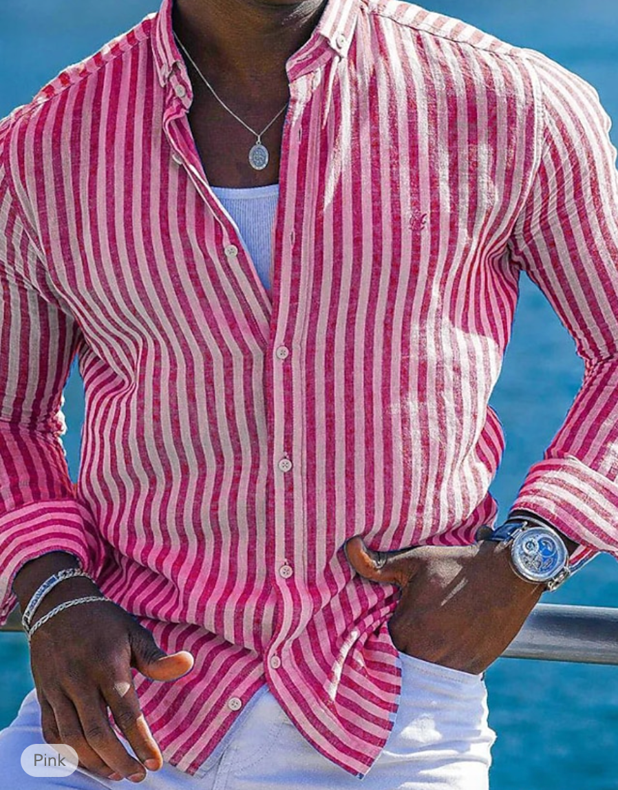 Men's slim fit striped linen cotton shirt long sleeve breathable summer essential light blue white