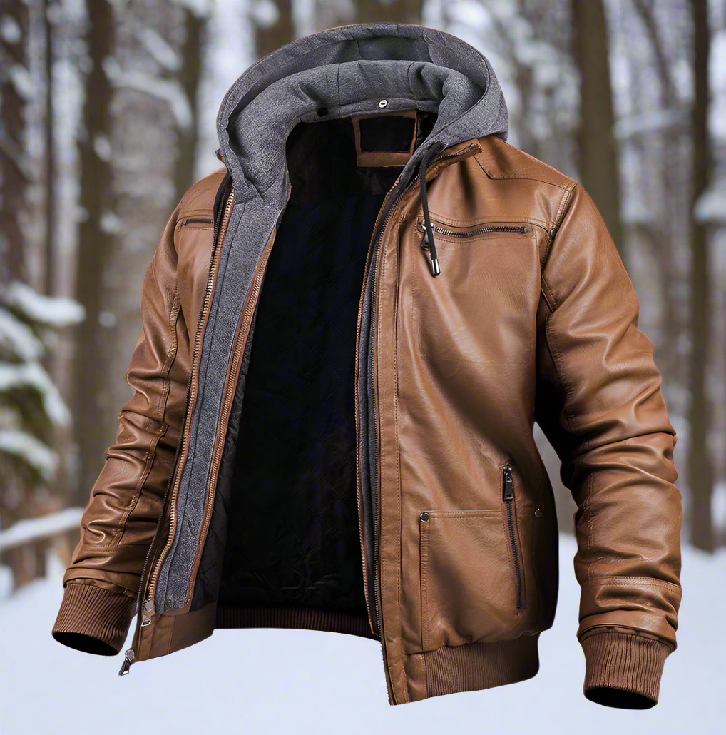 Men's black faux leather hooded bomber jacket regular fit with ribbed cuffs and hem