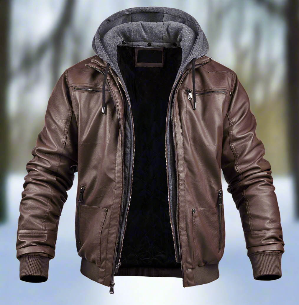 Men's black faux leather hooded bomber jacket regular fit with ribbed cuffs and hem