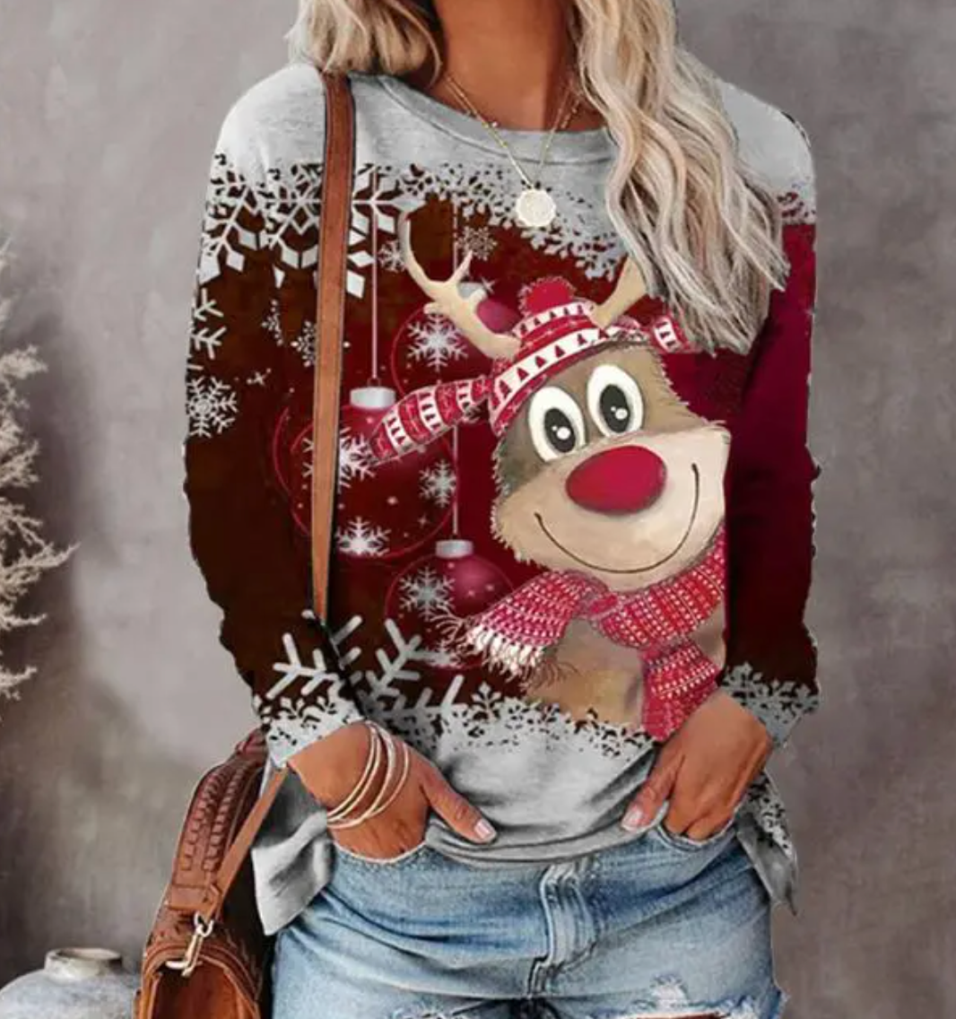 Women's red Gloria Christmas sweater ultra-soft cozy knit with festive holiday motif design