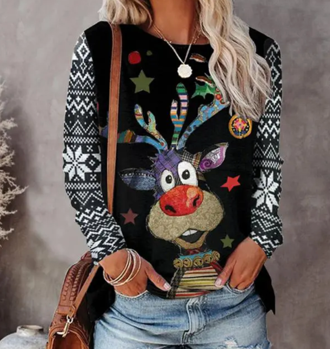 Women's red ultra-soft Gloria Christmas knit sweater with cozy festive holiday motif design