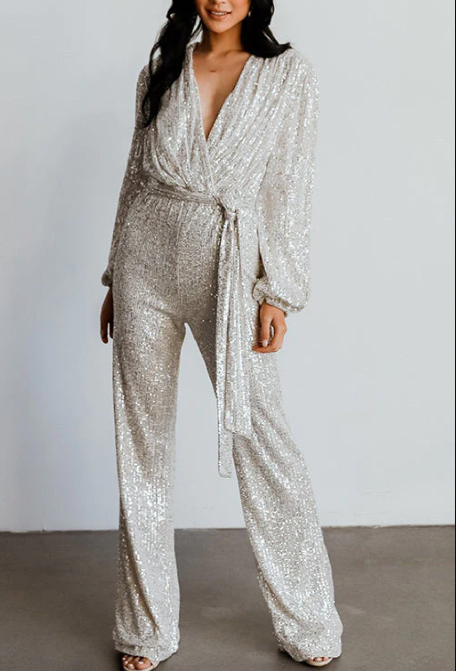 Women's silver sequin wrap jumpsuit wide-leg long sleeve festive party style with belt