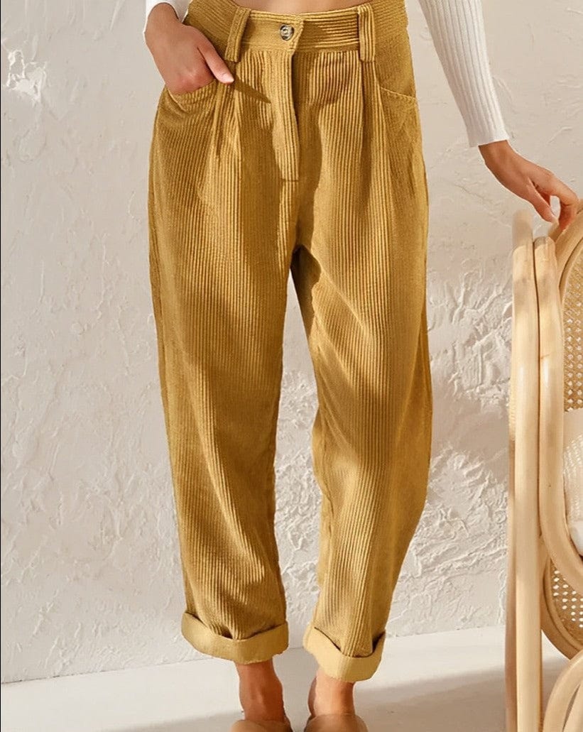 Women's brown corduroy high-waist ankle-length trousers with elegant tailored workwear fit