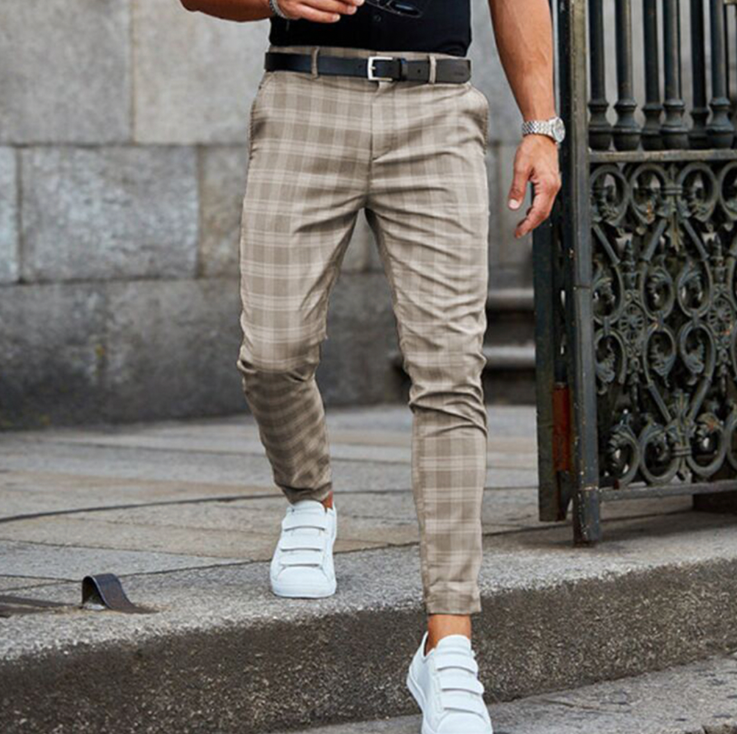 Men's elegant tailored pants with unique geometric patterns and sophisticated contemporary cut