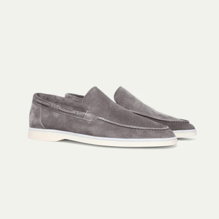 Men's handmade suede loafers in classic tan, slip-on style with luxury craftsmanship and elegant finish