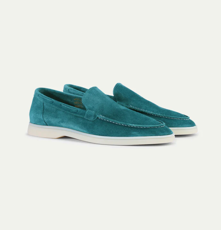Men's suede leather loafers in neutral tone, slip-on dress style with ultra-comfort cushioned sole