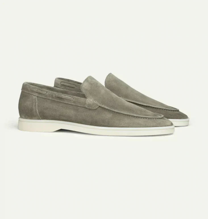 Men's faux suede slip-on loafers in neutral tone, rounded toe, breathable smart-casual all-season style