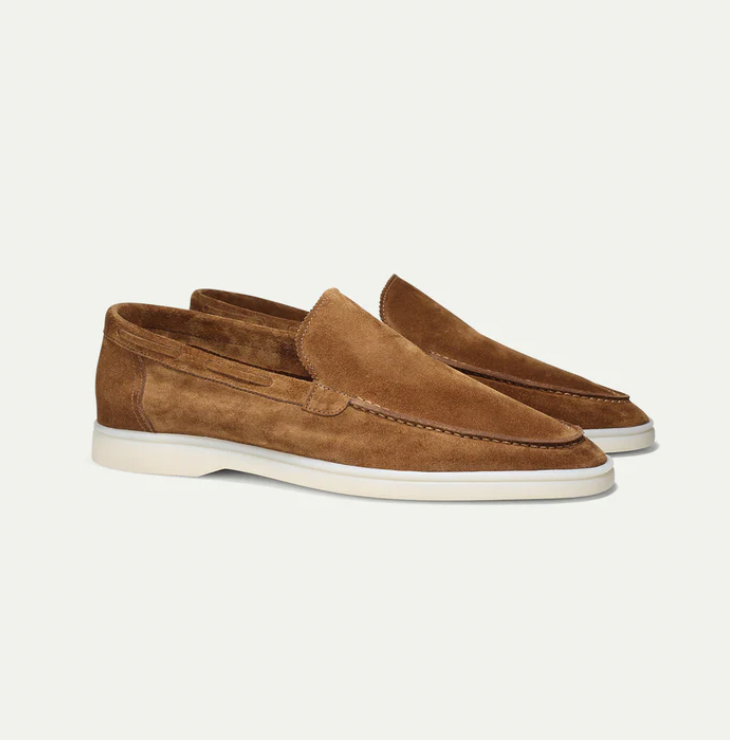 Men's faux suede slip-on loafers in neutral tone, rounded toe, breathable smart-casual all-season style