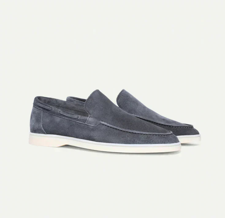 Men's faux suede slip-on loafers in neutral tone, rounded toe, breathable smart-casual all-season style