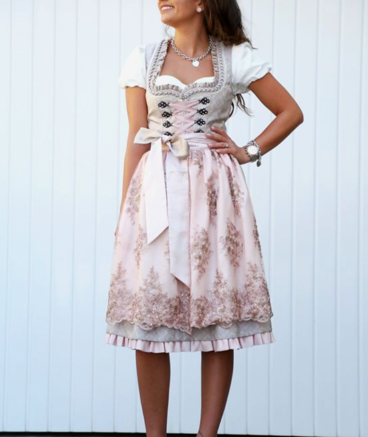 Beige silver dirndl dress with corset lacing, satin apron, Bavarian Oktoberfest traditional style