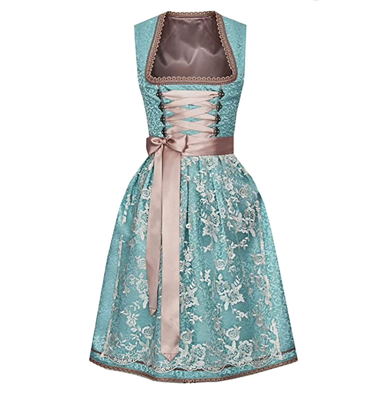 Women's pink emerald green satin dirndl with apron traditional Bavarian cut glamorous Oktoberfest stage