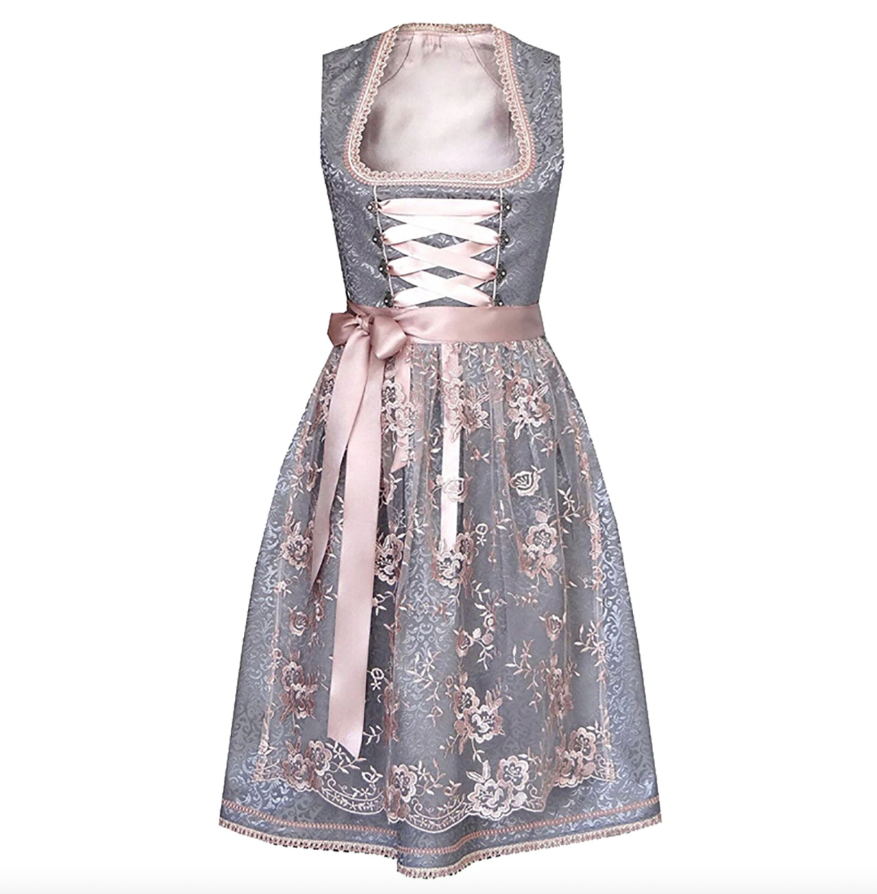 Women's pink emerald green satin dirndl dress traditional Bavarian cut with apron for Oktoberfest