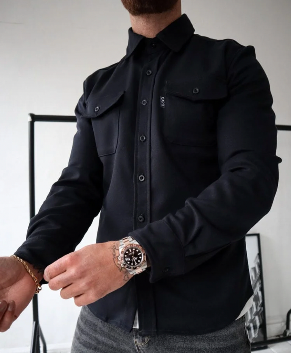 Men's casual button-front jacket relaxed fit long sleeves with two buttoned chest pockets