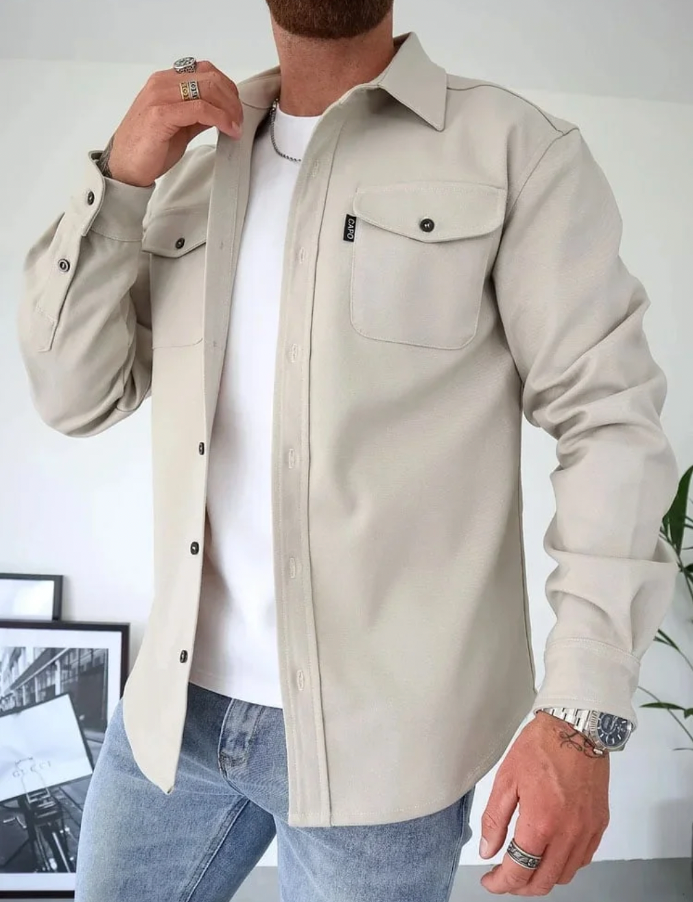 Men's casual button-front jacket relaxed fit long sleeves with two chest pockets everyday style