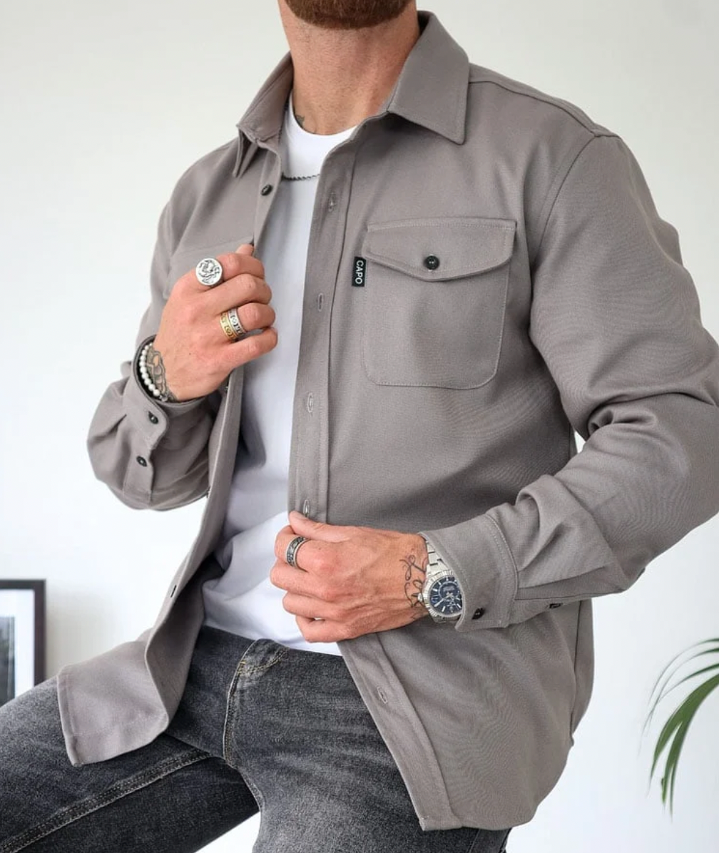 Men's casual button-front jacket relaxed fit long sleeves two chest pockets everyday style