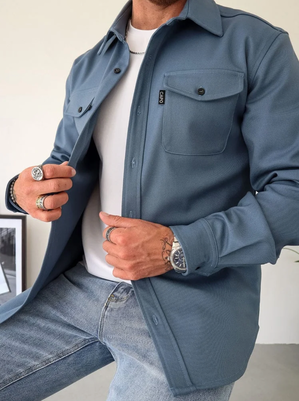 Men's casual button-front jacket relaxed fit long sleeves with two buttoned chest pockets