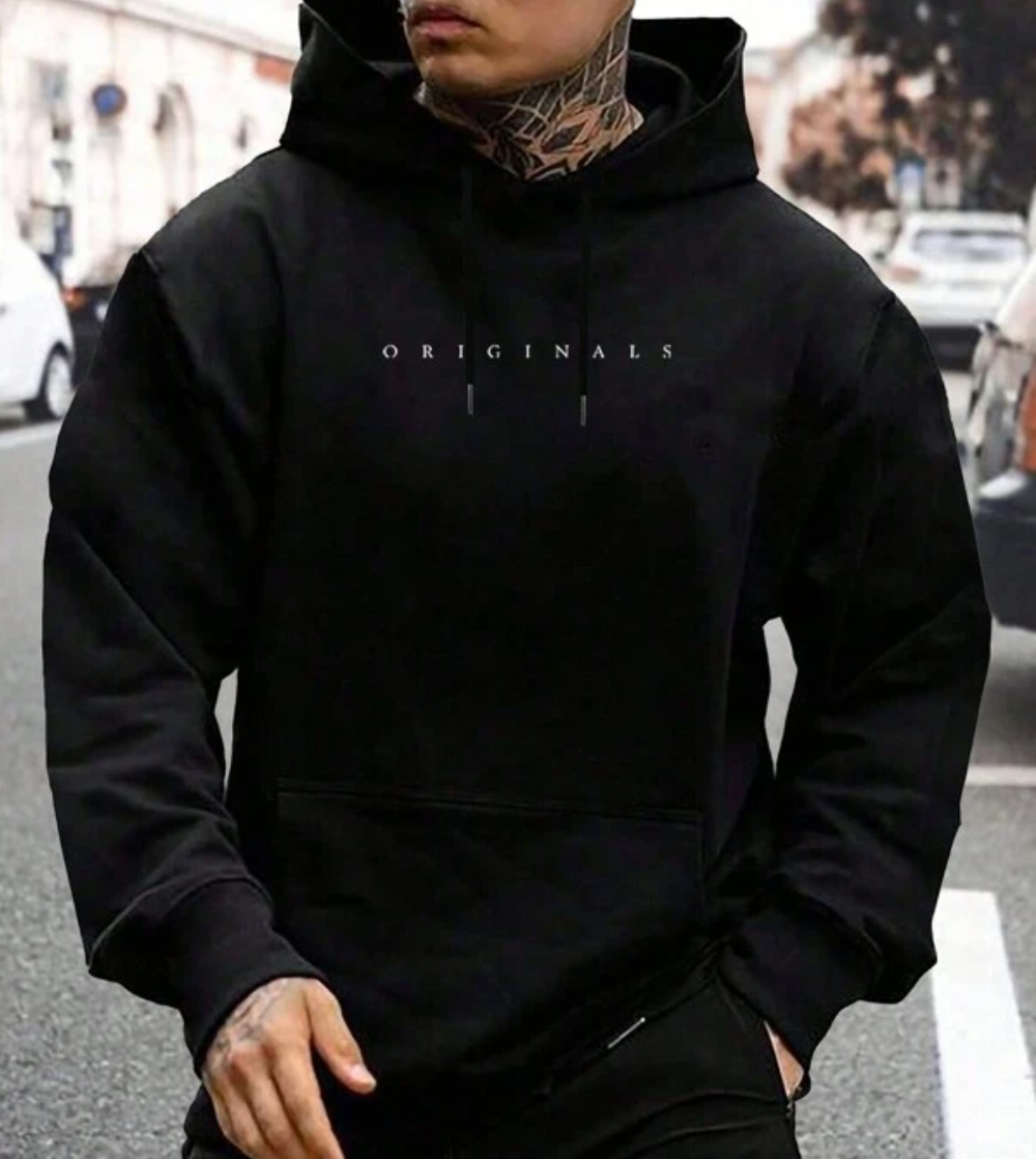 Gray relaxed-fit hoodie with kangaroo pocket, brushed interior and minimalist Originals print