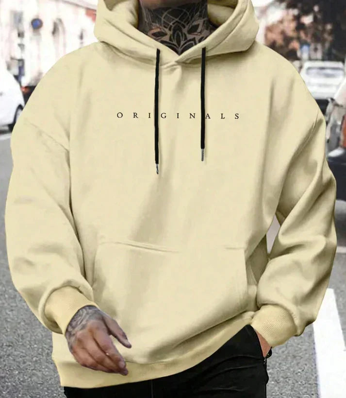 Men's loose-fit streetwear hoodie in autumn tones with adjustable drawstring hood for casual urban style