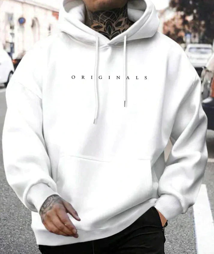 Men's black streetwear hoodie relaxed fit with adjustable drawstring hood for casual autumn wear