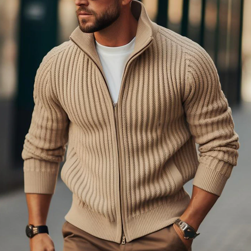 Men's ribbed zip-up knit jacket structured silhouette textured finish cool weather layering piece