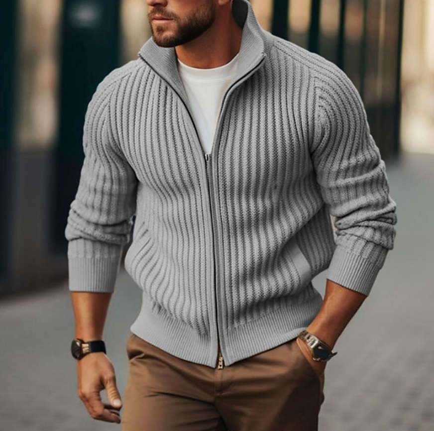 Men's ribbed zip-up knit jacket structured silhouette textured finish cool weather layering