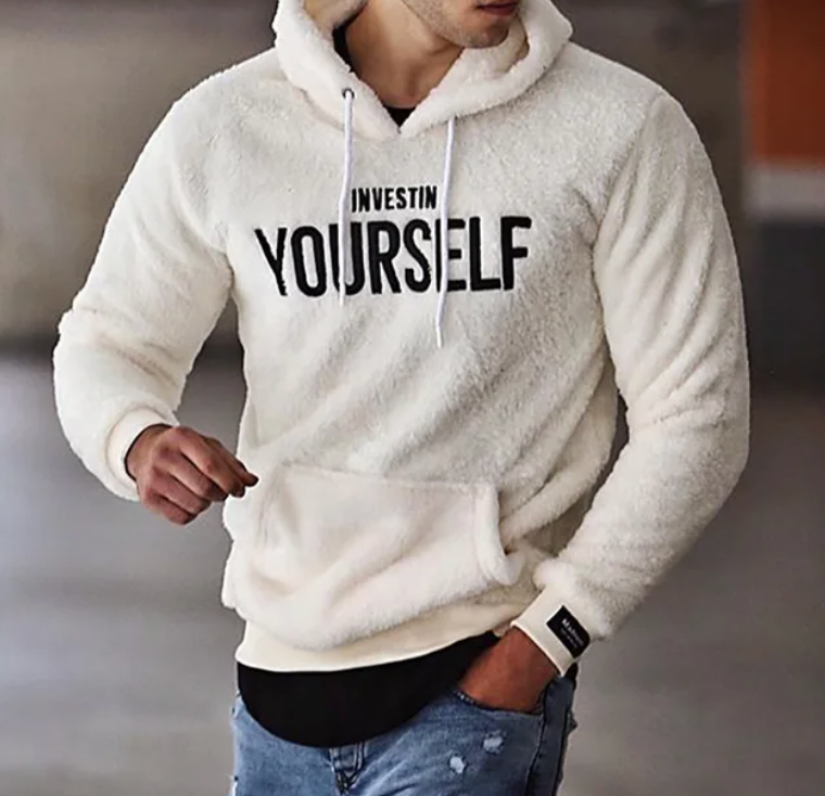 Unisex beige sherpa hoodie sweatshirt cozy fit with uplifting wellness message for cold days