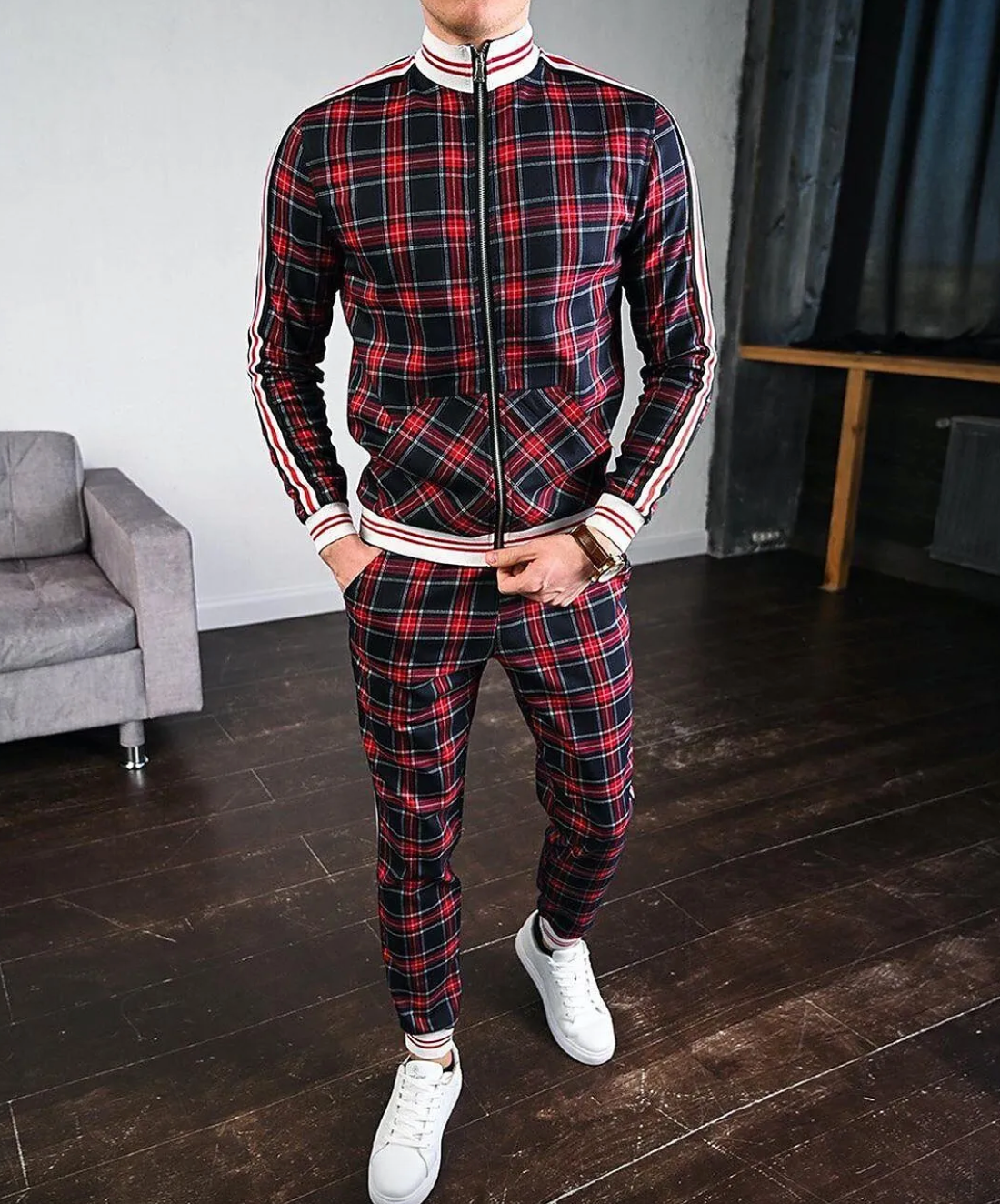 Men's polyester blend long sleeve set stand-up collar casual athletic modern fit