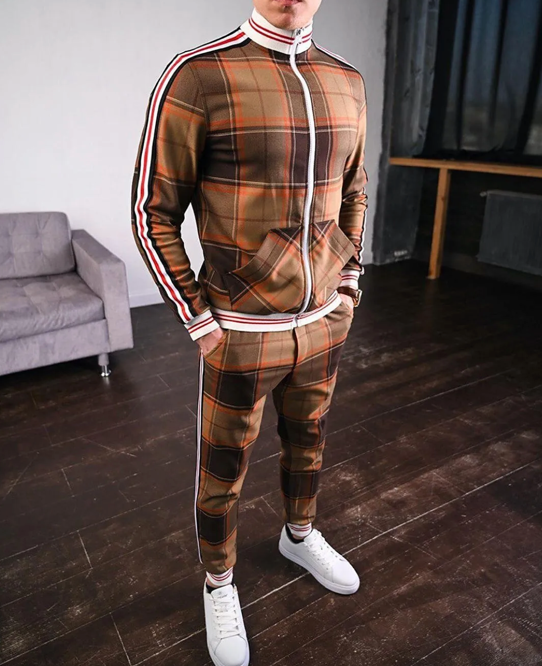 Men's polyester blend long sleeve set stand-up collar casual workout modern fit