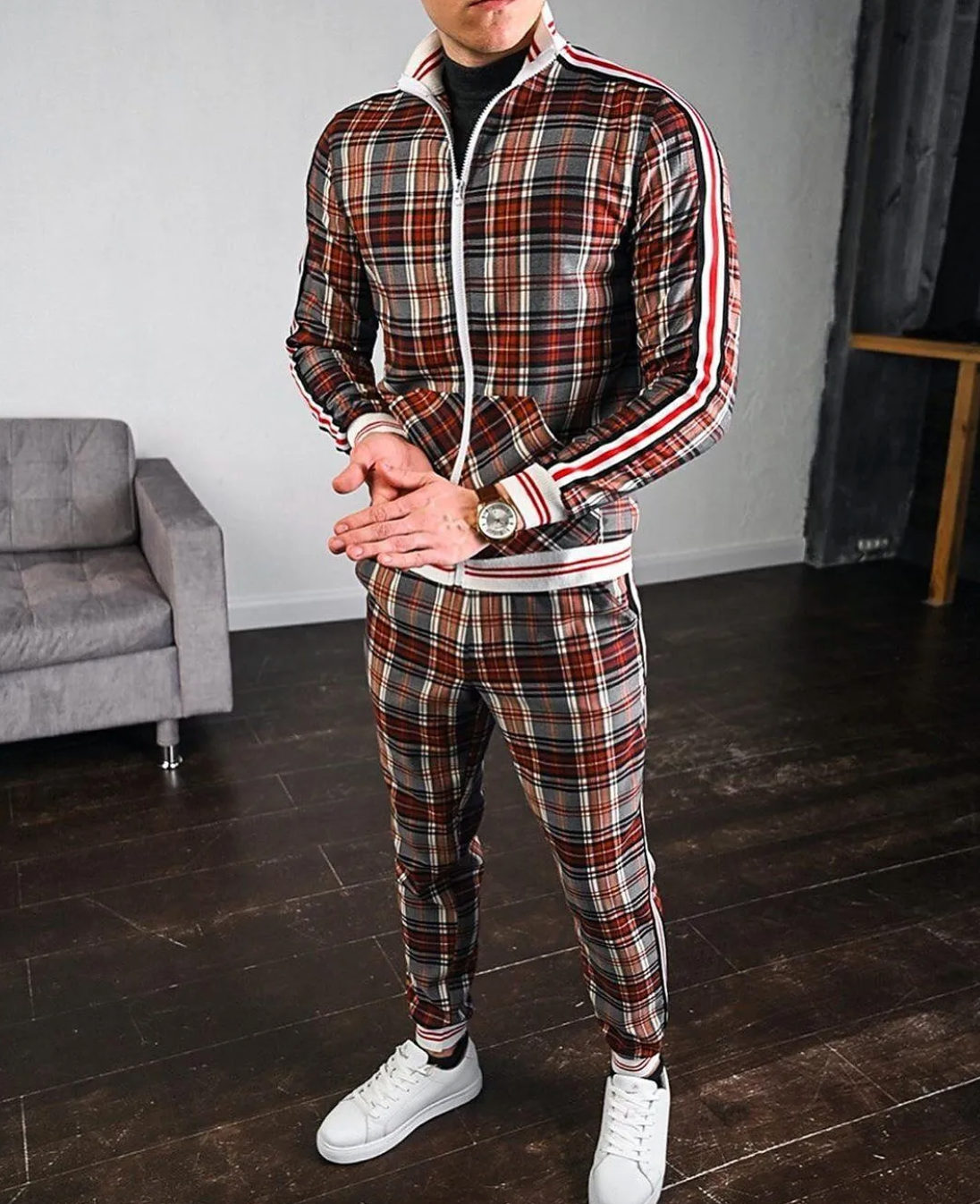 Men's polyester blend long sleeve set stand-up collar casual athletic modern fit