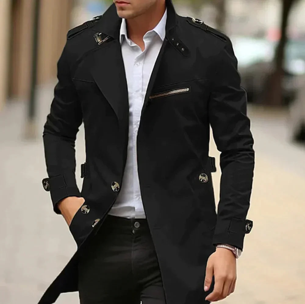 Men's slim-fit winter trench coat in classic tone with double buttons, epaulettes, and side zip pockets