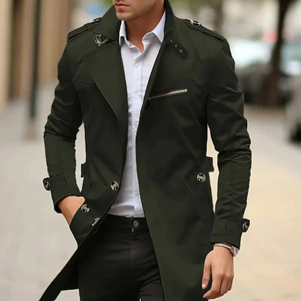 Men's slim-fit winter trench coat in classic tone with double buttons, epaulettes, and side zip pockets