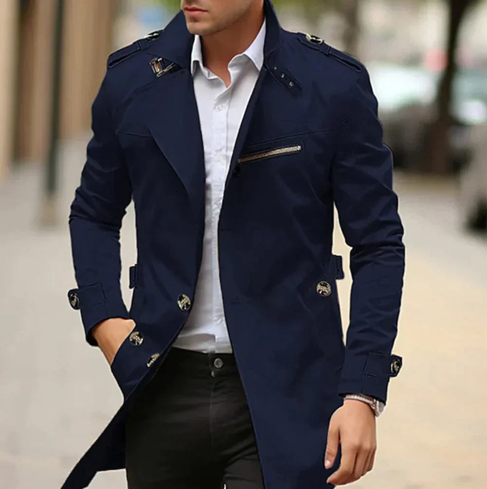 Men's slim-fit winter trench coat in classic tone with double buttons, epaulettes, and side zip pockets