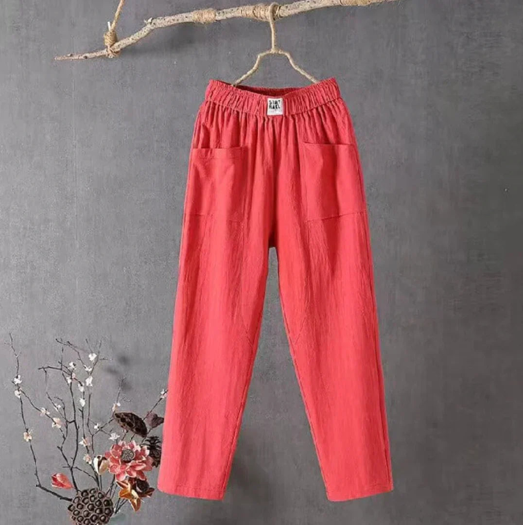 Women's beige linen cotton pants elastic waistband relaxed fit breathable everyday casual style